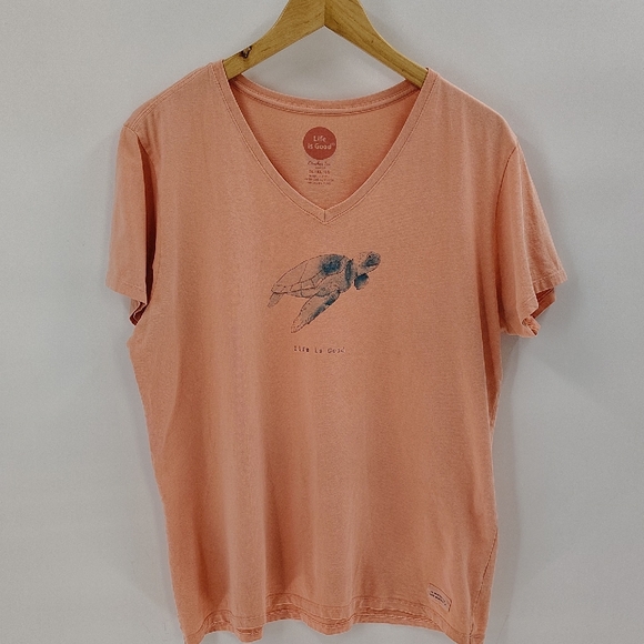 Life Is Good Crusher Top Size XL Peach Sea Turtle Graphic V Neck Short Sleeve - Picture 1 of 5